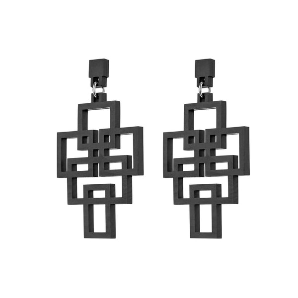 Tetris - Geometric wooden pendant earrings in black - Handmade in Ireland by Rowena Sheen 