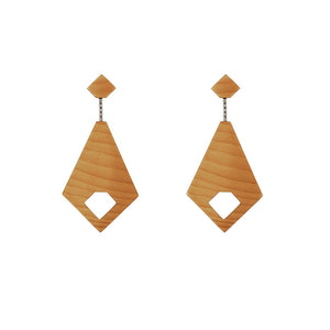 Toran - Elongated Diamond shaped wooden drop earring with cutout window and sterling silver box chain. Irish designed and made, by designer Rowena Sheen 