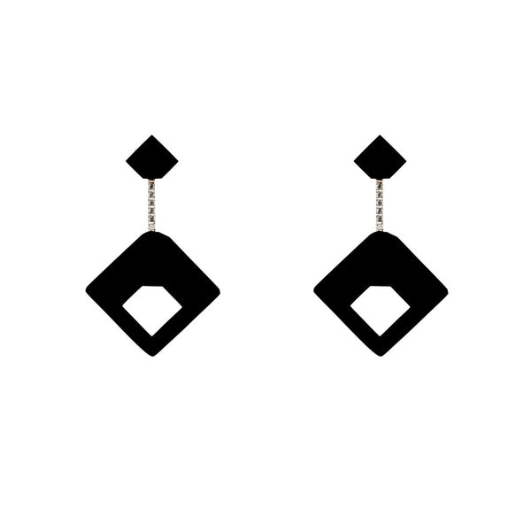 Trure - Small Lightweight geometric wooden drop earrings in black with silver box chain