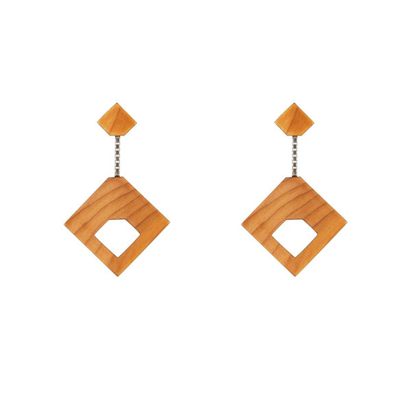 Trure - Small Lightweight geometric wooden drop earrings with silver box chain