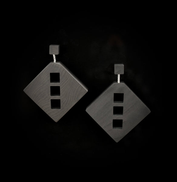 Fwin - Large Geometric Wooden Drop Earrings with cut out windows - handmade in Ireland by designer Rowena Sheen 