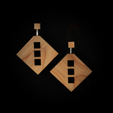 Fwin - Large Geometric Wooden Drop Earrings with cut out windows - handmade in Ireland by designer Rowena Sheen 