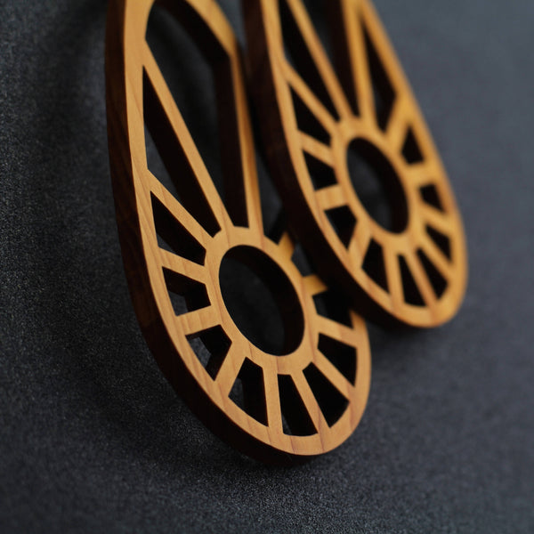 Sundial - Large Radial Wooden Pendant Earrings - Irish Jewellery handmade by designer Rowena Sheen 
