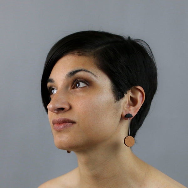 Miro - Lightweight geometric wooden drop earrings - handmade in Ireland by Irish jewellery designer Rowena Sheen 
