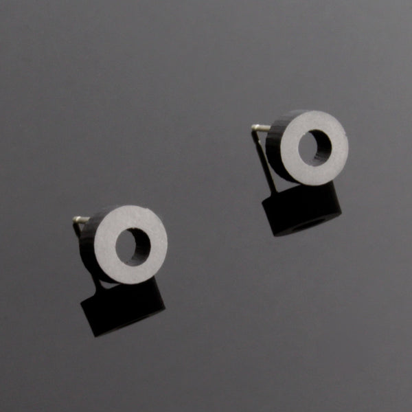 Mini-O - Small hoop shaped wooden stud earrings in black - handmade in Ireland by Irish jewellery designer Rowena Sheen 