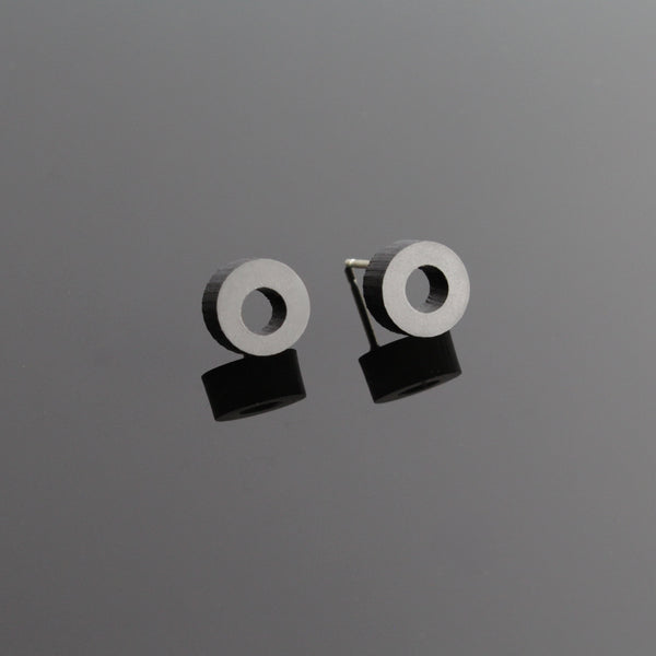 Mini-O - Small hoop shaped wooden stud earrings in black - handmade in Ireland by Irish jewellery designer Rowena Sheen 